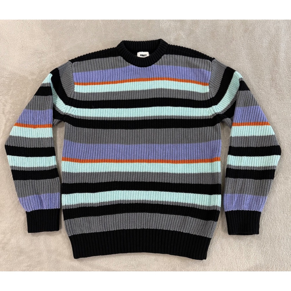 Obey Mens Striped Crewneck Sweater Multi Color Knit Pullover Streetwear